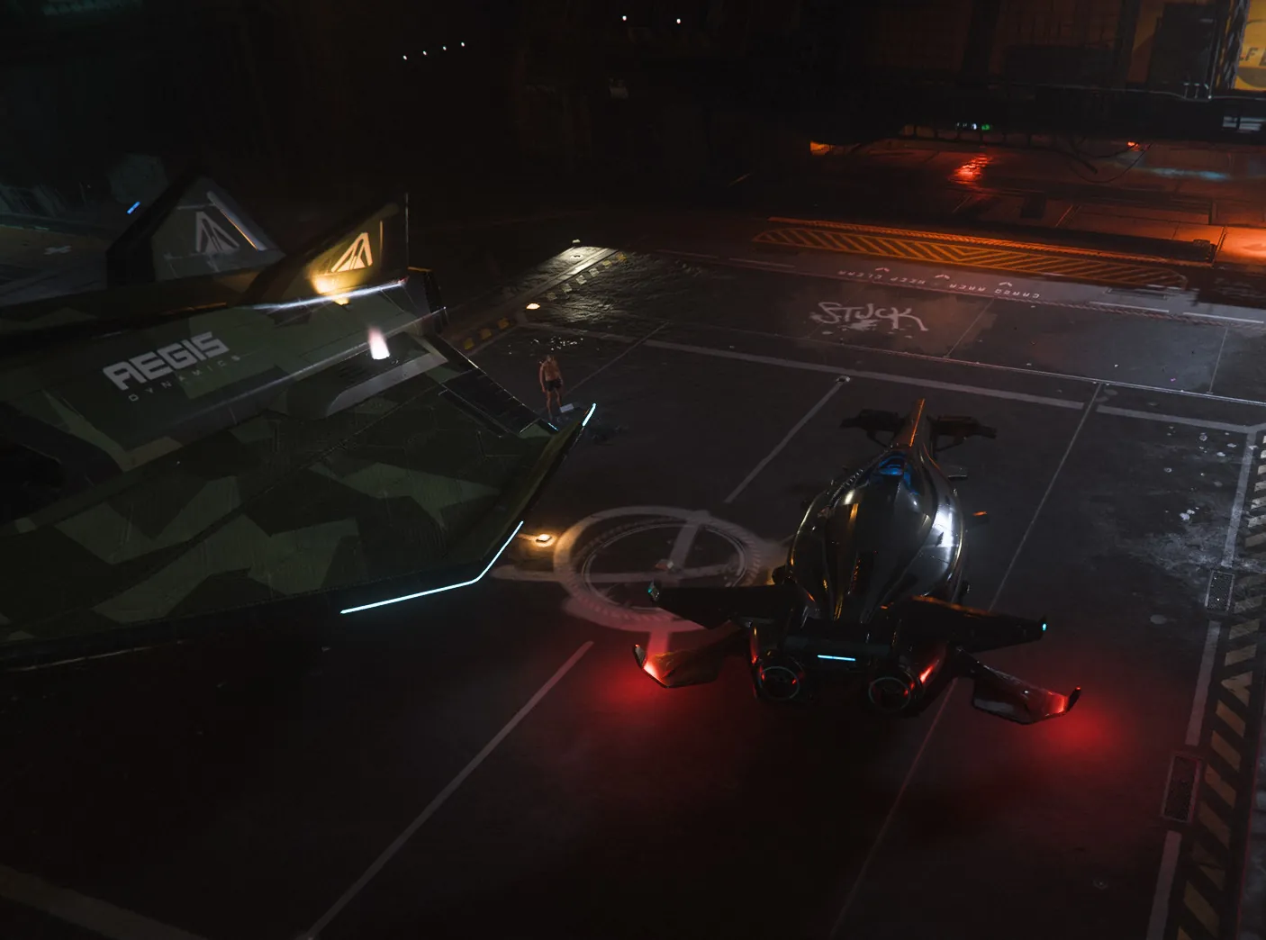 A glitched hangar ended up with a naked man standing over my corpse. Fun times.