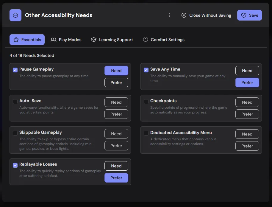 AbleToPlay's filter criteria screen